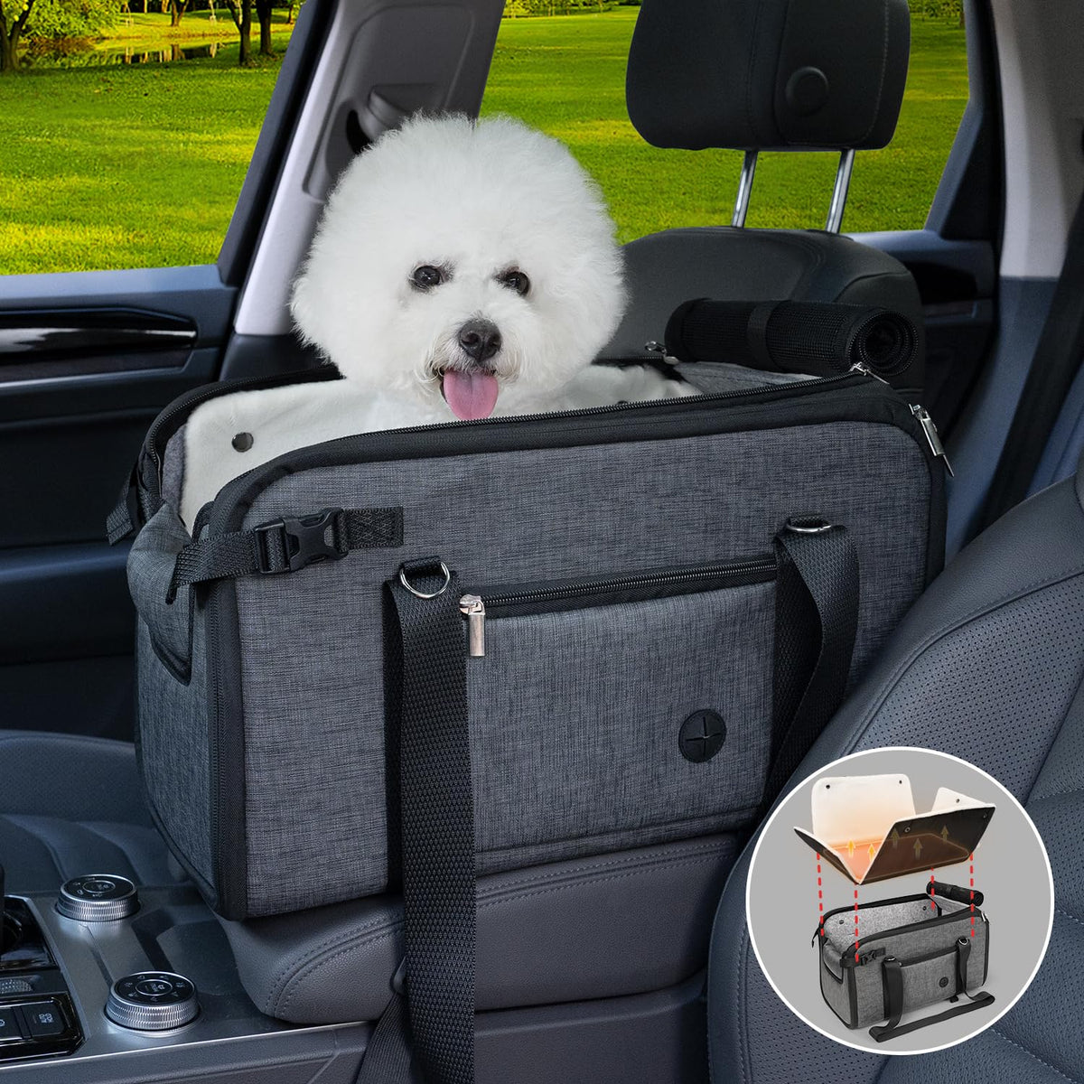 YUDODO 20lbs Dog Car Seat for Small Dog Center Console Dog Car Seat with Removable Cushion Puppy Dog Cat Travel Portable Booster Seat Anti-Slip Dog Car Bed Carseat PU Leather(Dark Gray)