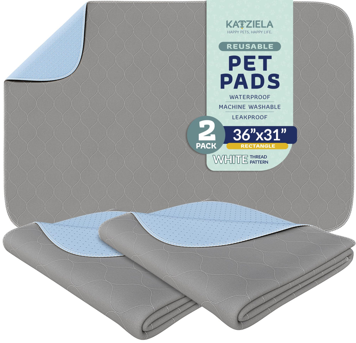 Katziela Washable Pet Pads (2 Pack 36in x 31in)Super Absorbent Waterproof Reusable Dog Pee Pads for Dogs Washable Puppy Pads for Potty Training Housebreaking Washable Pee Pads for Dogs White Stitching