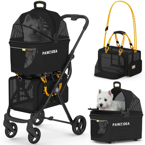 PAWZIDEA Double Pet Stroller for 2 Cats Dogs Small & Medium TSA Airline Approved Cat Carrier Expandable Cat Stroller with Removable Carrier Bag 2 Dog Stroller Detachable Carrier Travel Car Seat