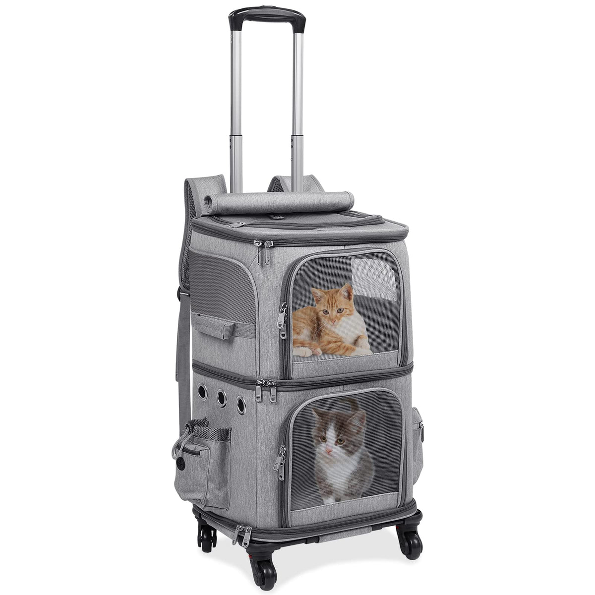 HOVONO Double-Compartment Pet Carrier Backpack with Wheels for Small Cats and Dogs Cat Rolling Carrier for 2 Cats Perfect for Traveling/Taking a Walk/Trips to The Vet Grey