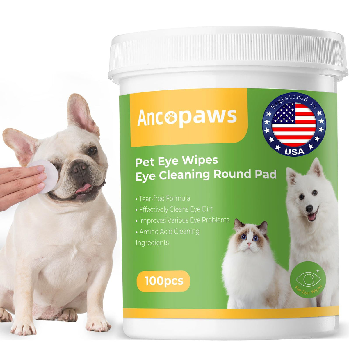 Ancopaws Eye Wipes for Dogs & Cats - Tear Stain Remover for Pets - Dog Eye Wipes for Discharge and Crust - Eye Care Cleaning Pads for Reducing Dirt and Mucus Secretions - 100pcs