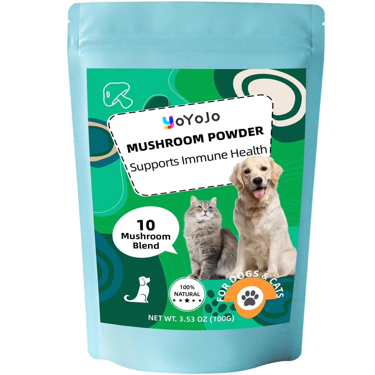 Mushrooms Extract Powder for Dogs & Cats - 10 Mushrooms Complex Pet Supplement for Immunity Cellular Health Cognition Longevity - Lions Mane Turkey Tail Reishi for Dogs & Cats - 3.53 oz / 100g