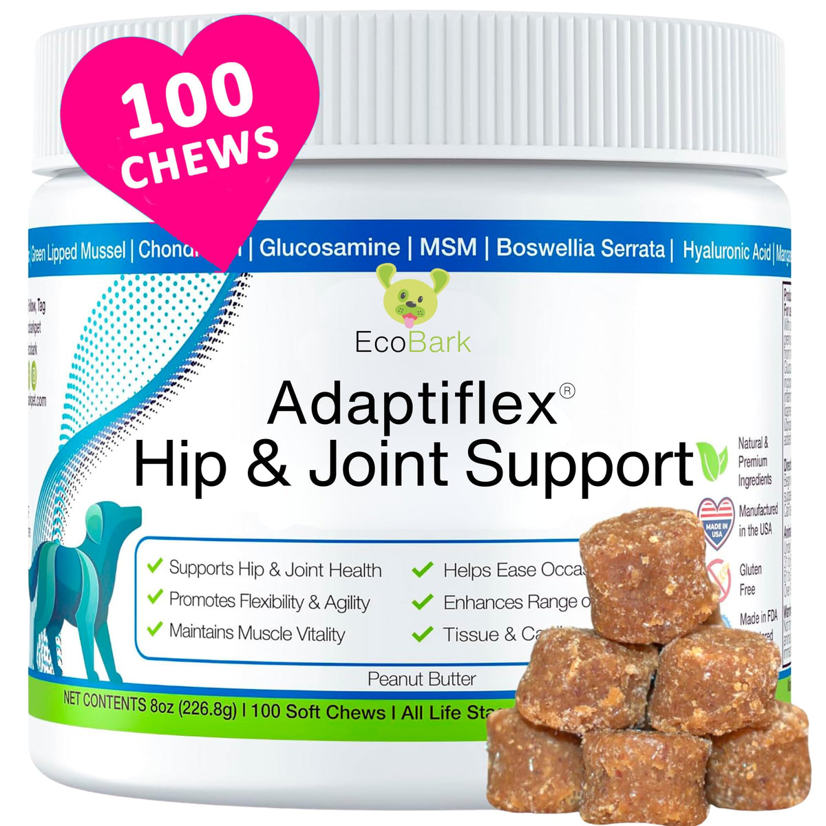 Adaptiflex Natural Joint Supplement for Dogs - Chondroitin MSM & Glucosamine for Dogs Hip and Joint Supplement - Aids in Joint Pain Relief - Hip and Joint Soft Chew Supplement for Dogs-Peanut Butter