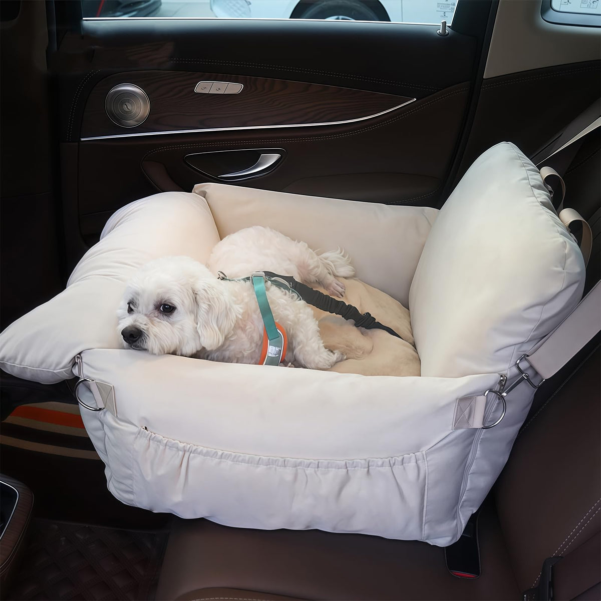 BomDa® Adjustable Dog Car Seat for Small Dog - Detachable Dog Booster Car Seat for Dogs and Cats Up to 25 lbs Shredded Memory Foam Filling Pet Travel Carrier (Beige 23" L x 20" W x 17" H)