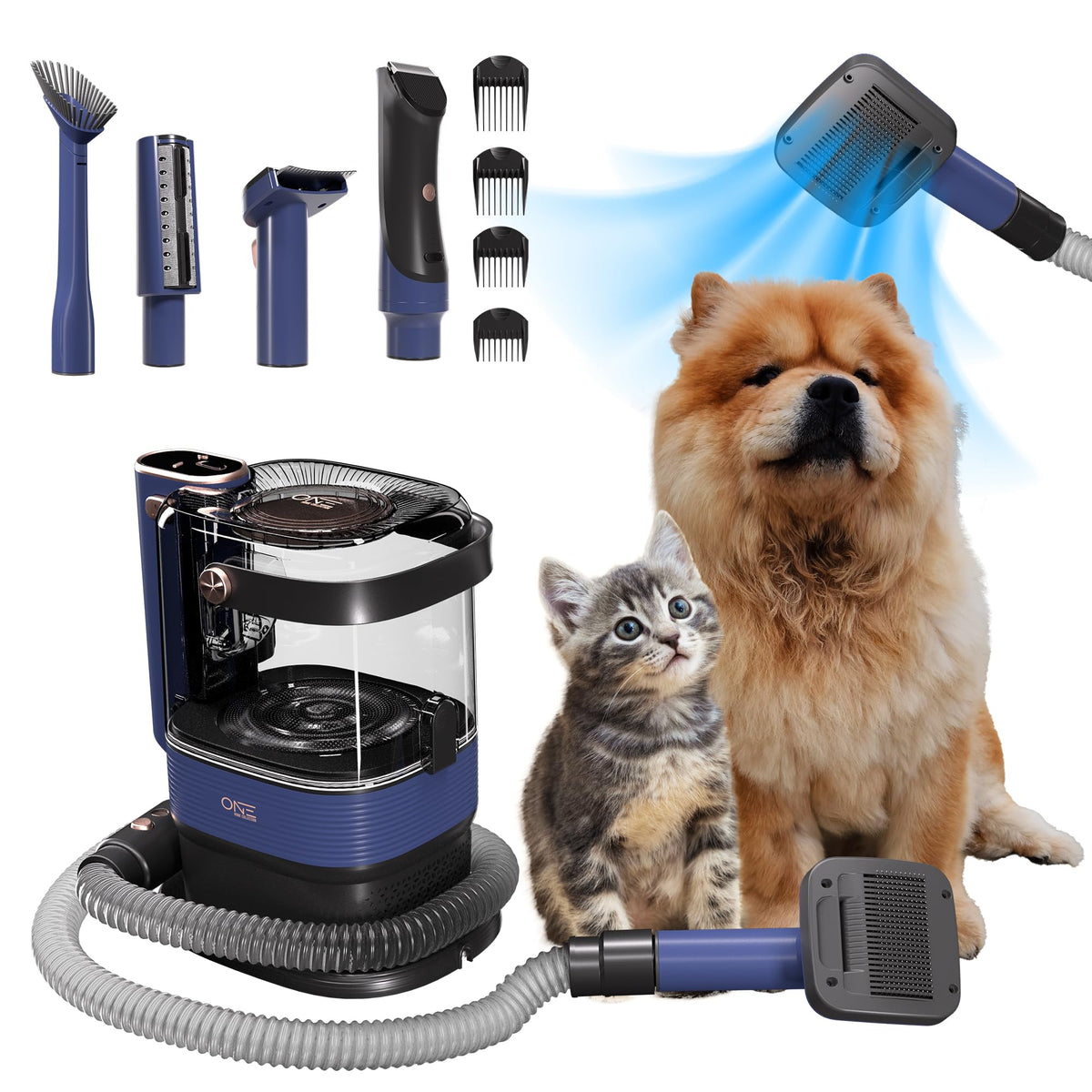 ONE Products Low Noise Dog Hair Vacuum & Dog Grooming Kit with 3.2L Large Capacity for Shedding Grooming Hair Quiet Pet Grooming Tools 5 Replaceable Heads and 4 Combs