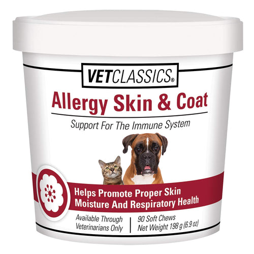 Vet Classics Allergy Skin & Coat Support Pet Supplement for Dogs & Cats – Pet Health Supplement for Cat Skin Moisture Dog Allergies Pet Respiratory Health– Includes Antioxidants – Soft Chews 90 Ct.