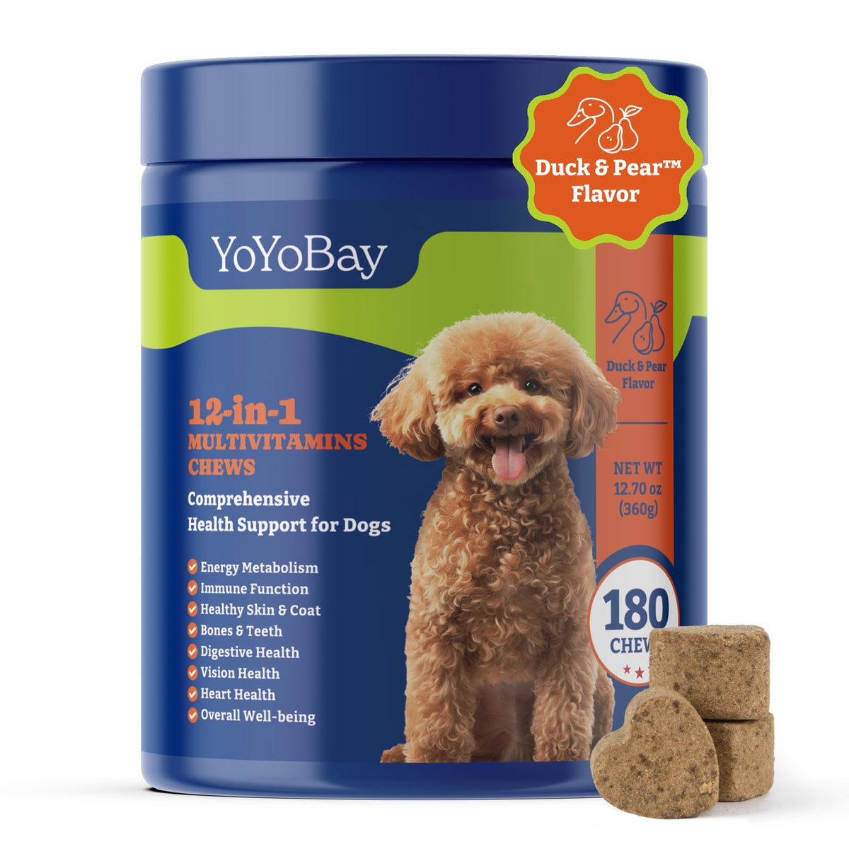 YoYoBay Dog Multivitamin Chewable Supplement - Dog Vitamins and Supplements - 180 Soft Chews Duck & Pear Flavor - Immune & Energy Boost Joint Support Skin & Coat Care - Vitamins A B C D E