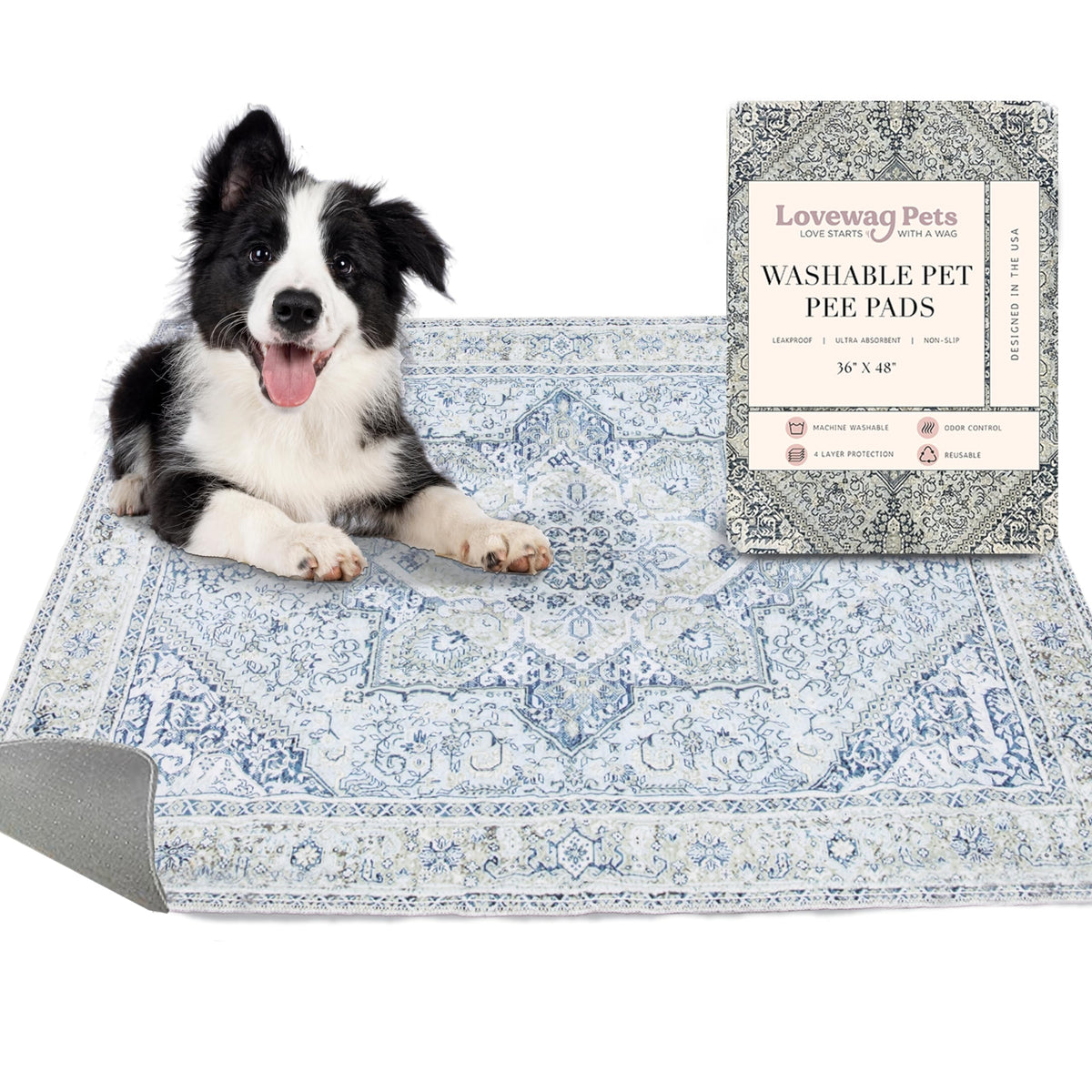 Lovewag Washable Pee Pads for Dogs | Anti Slip Reusable Pee Pads | Super Absorbent and 100% Waterproof Puppy Pee Pads | Leak-Proof Training Pad | Washable Dog Pads (Silvered Blue)
