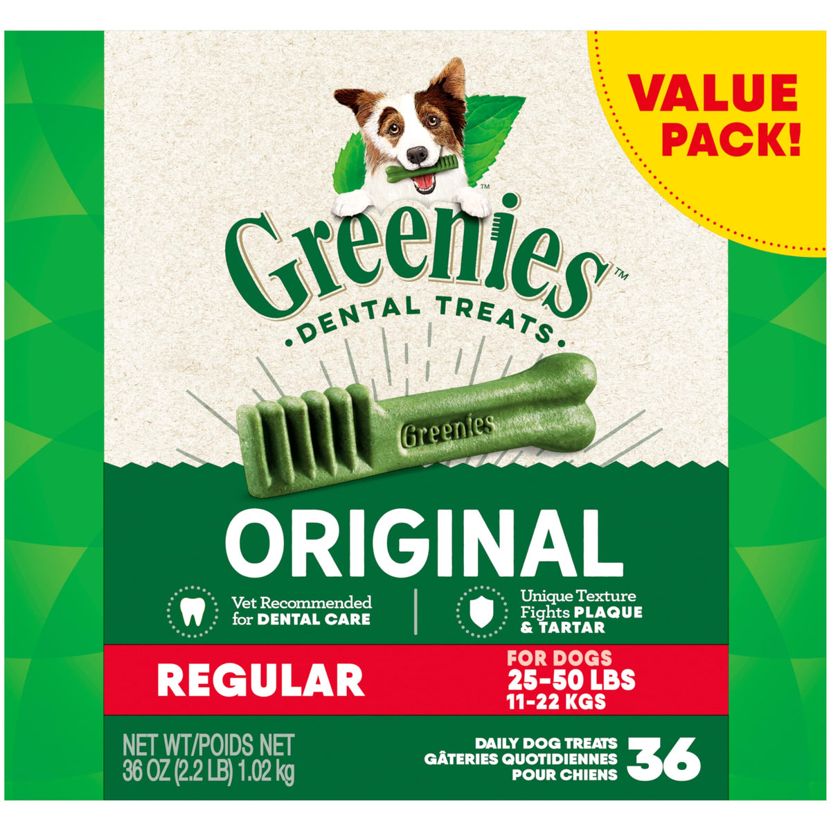 GREENIES Adult Dog Treats Original REGULAR Natural Dental Care (36 Treats) 36 oz. Pack