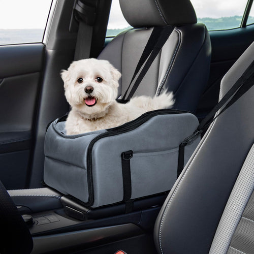 Center Console Dog Car Seat Portable Small Dog Car Seat Up to 9 lbs Pet Cats Car Seat Come with Double Protection Seat Belts Safety Leash and Storage Pockets
