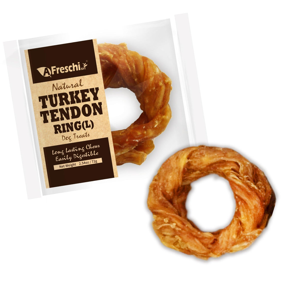 AFreschi Turkey Tendon for Dogs Dog Treats for Signature Series All Natural Human Grade Puppy Chew Turkey Sourced from USA Hypoallergenic Rawhide Alternative 1 Unit/Pack Ring (Large)