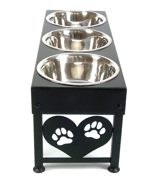 Large Elevated Dog Feeder 12 Inch Tall Triple Stainless Raised Bowls Powdercoated Steel