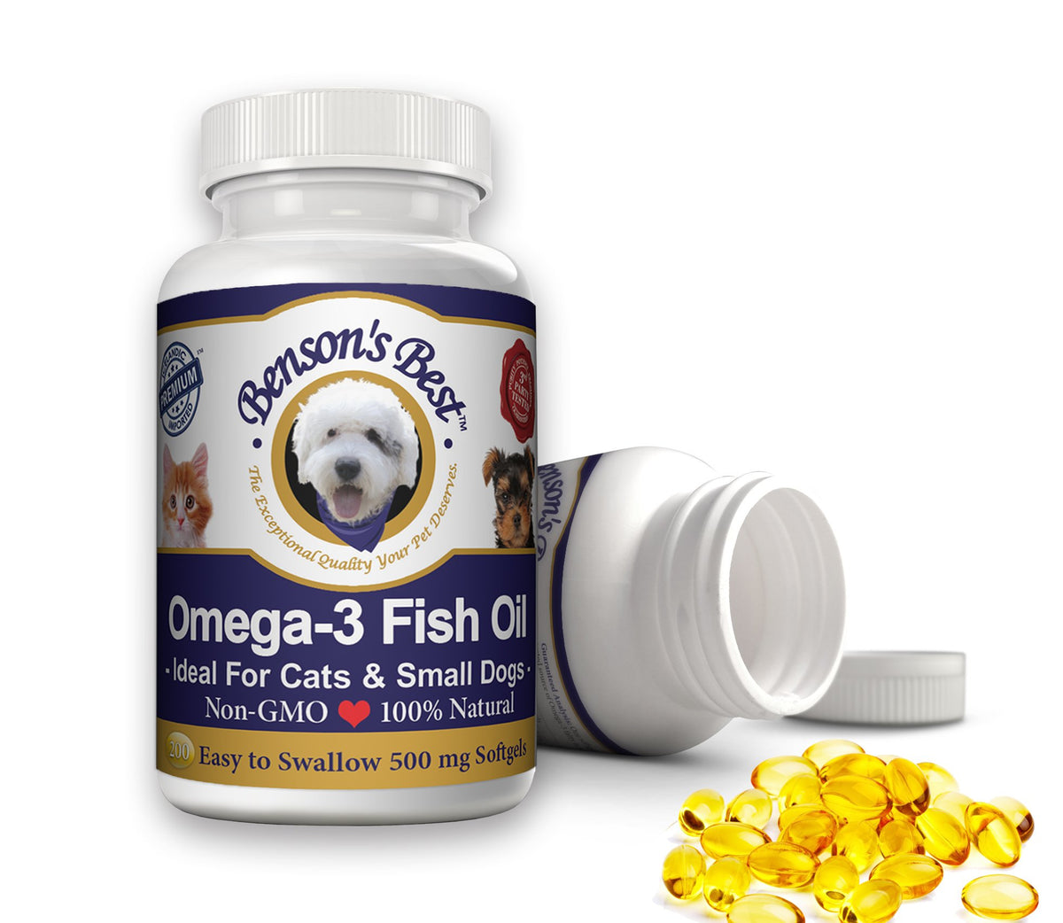 Bensons Best Omega 3 Fish Oil for Cats & Small Dogs - 200 Softgels 500mg - 43% More Omega 3 Fatty Acids Than Salmon Oil - 100% Pure Non-GMO Natural Pet Food Dog Fish Oil Supplements
