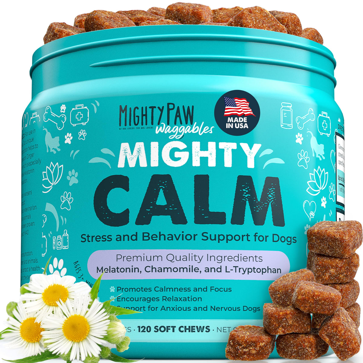 Mighty Paw Waggables Calm (Made in The USA) | Calming Chews for Dogs Melatonin Dog Calming Treats for Normal Stress & Separation. Sleeping Aid for Dogs & Behavior Calming Dog Treats120 Count