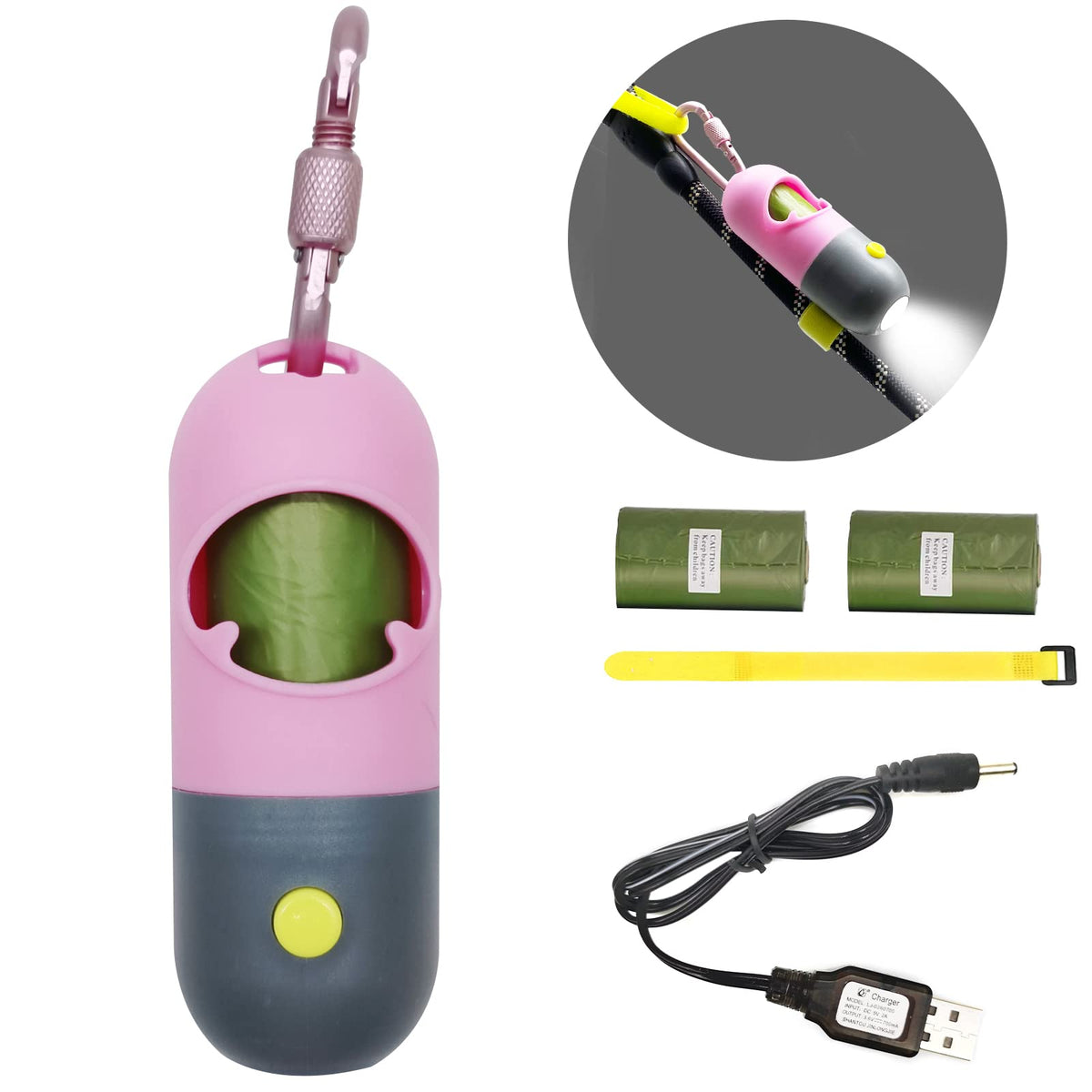 Morn Light Poop Bag Holder with Rechargable Flashlight Dog Poop Bag Holder for Leash with Clip and USB Cable Dog Poop Bag Dispenser with Green Scented Poop Bags(Pink1 Dispenser 45 Bags)