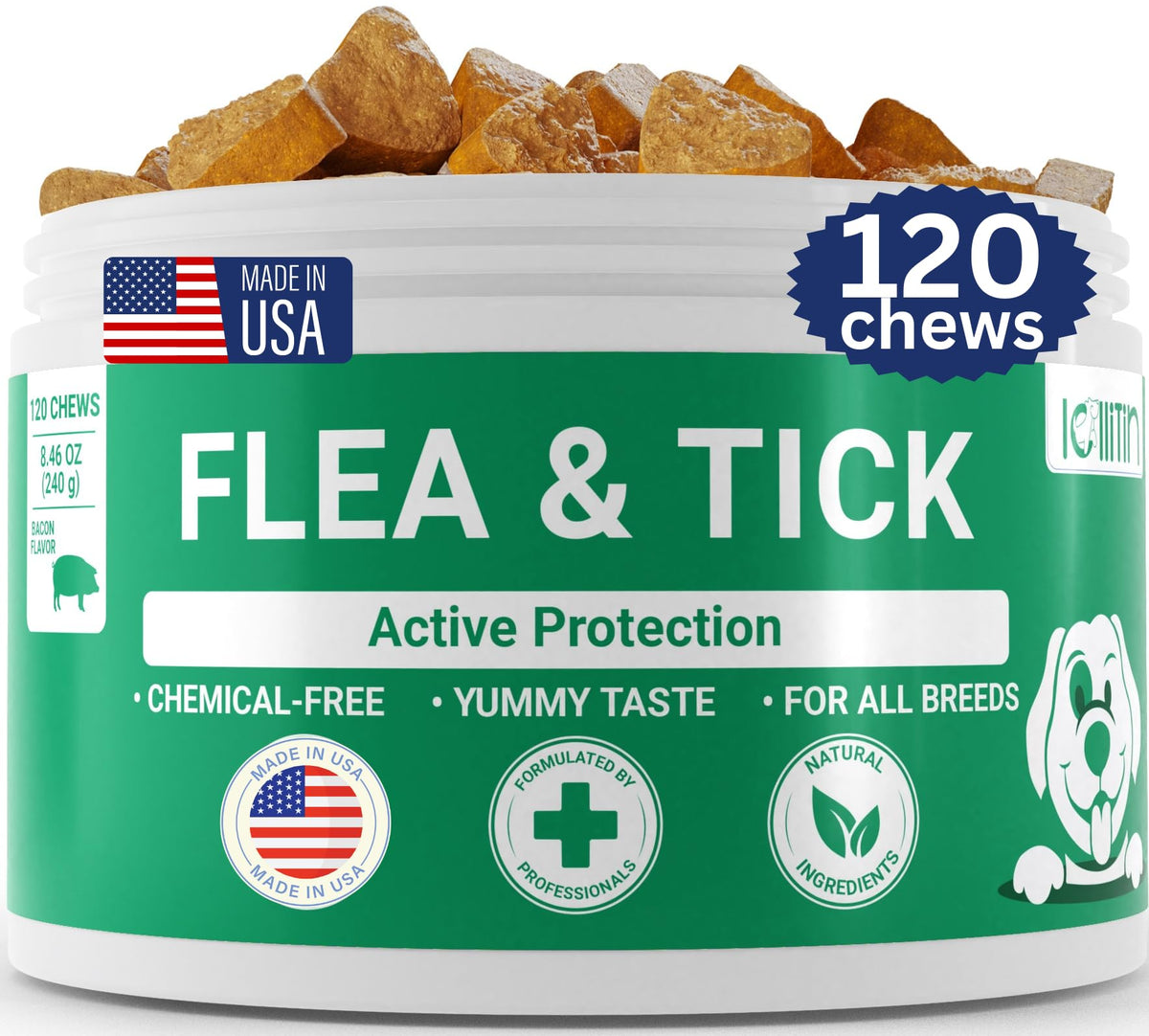 LOLLITIN Flea & Tick Dog Supplement - Made in USA - All Natural - Dog Chews 120 Count - Bacon Flavor - Dog Supplements - Natural Repellent