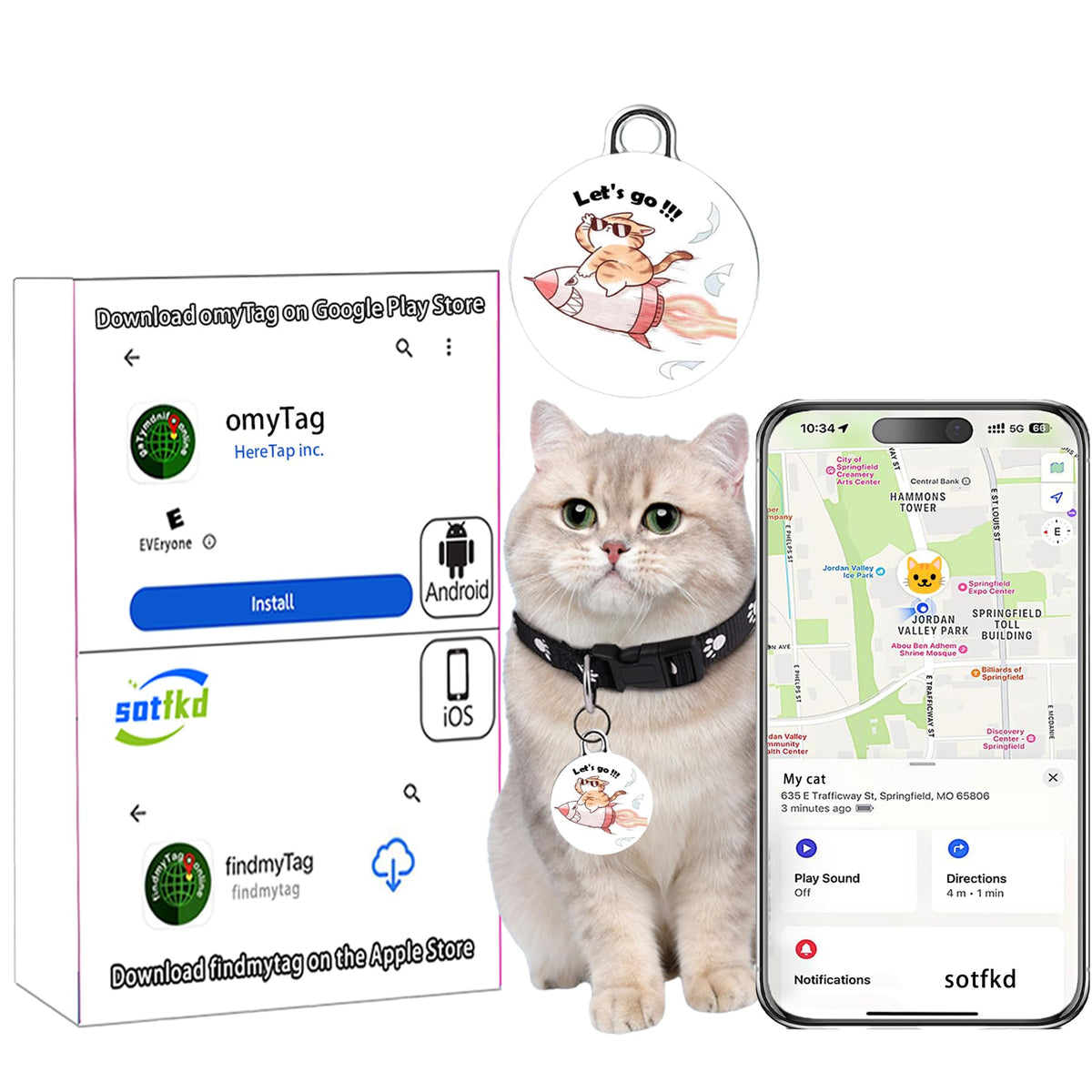 sotfkd Cat Tracker-Airtag Cat Collar-Pet Tracker-GPS Tracker for Cats | Android and iOS Universal | No Monthly Fee | No Charging Required | Waterproof | Works with Any Collar