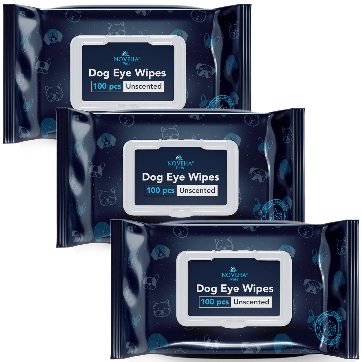 NOVEHA Dog Eye Wipes - Plant-Based Eye Wipes for Dogs - Formulated to Remove Eye Debris Tear Stains & Eye Discharge - Safe Convenient and Large Unscented Wipes (300 Counts)