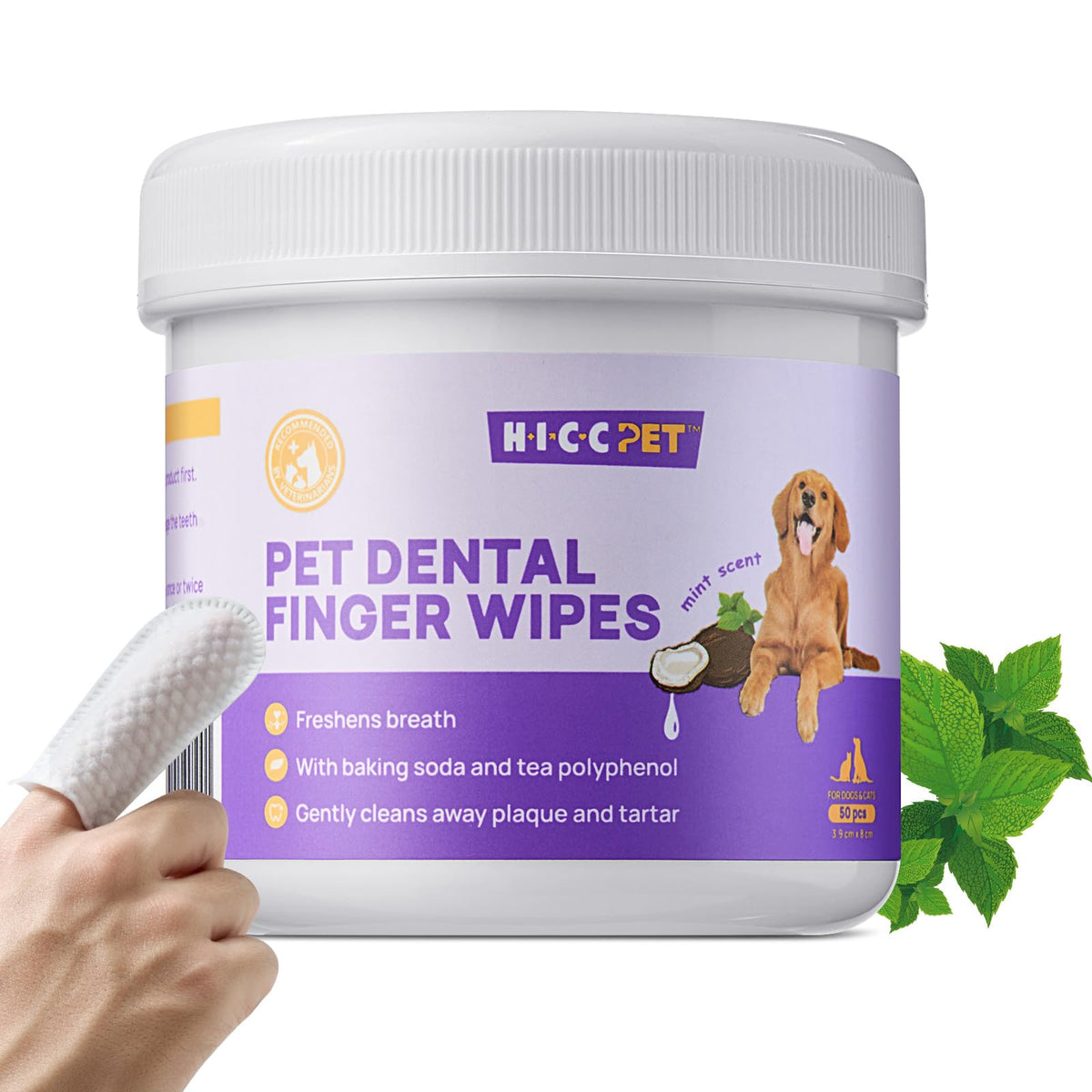 HICC Pet Teeth Cleaning Wipes for Dogs & Cats Remove Bad Breath by Removing Plaque and Tartar Buildup Disposable Dog Finger Toothbrush Gentle Pet Dental Care Wipes 50 Counts (Mint Scent)