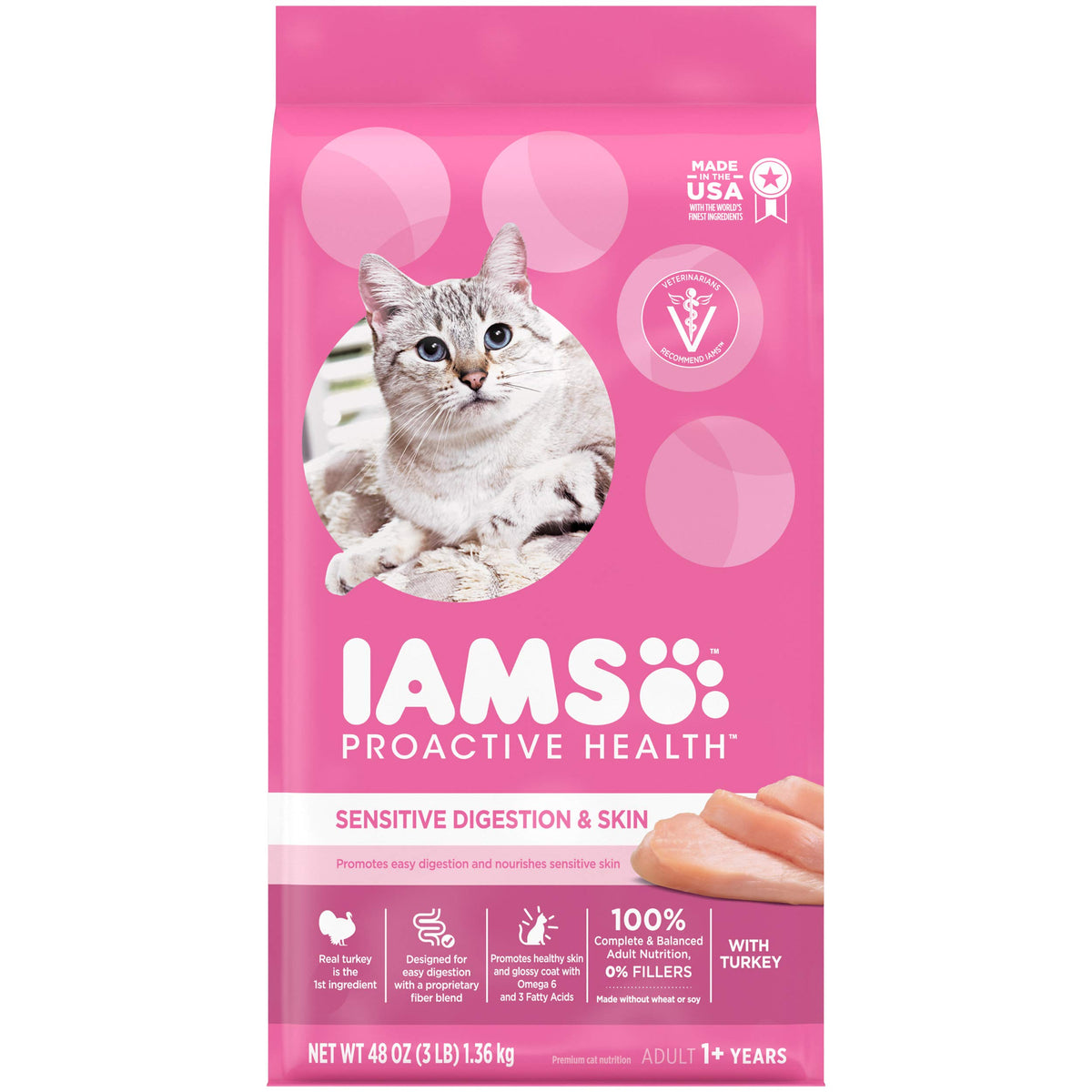 IAMS Proactive Health Adult Sensitive Digestion & Skin Dry Cat Food with Turkey 3 lb. Bag