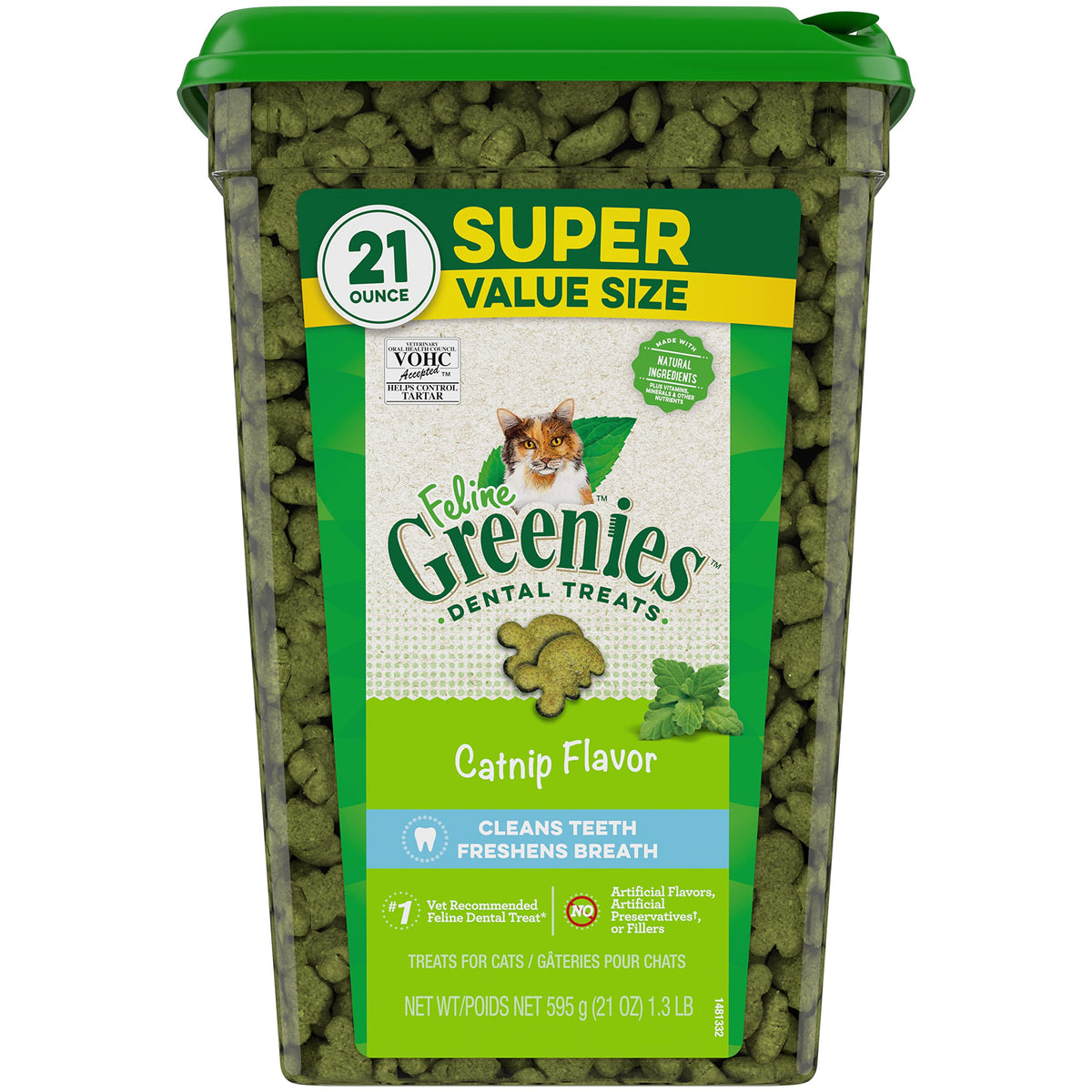 FELINE GREENIES Natural Dental Care Cat Treats Catnip Flavor 21 oz. Tub