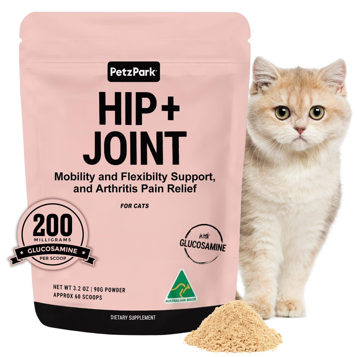 Hip and Joint Supplement for Cats - Glucosamine Chondroitin MSM for Joint Hip Care Arthritis Pain Relief Mobility Support Cartilage Health Inflammation Reduction - Senior Cat Support 60 Scoops