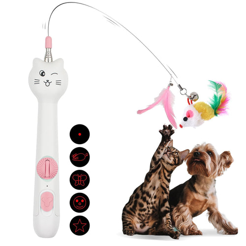 Cat Toys for Indoor Cats Retractable Cat Wand with Feather & Mice 3-in-1 Laser Pointer Interactive Cat Toy 5 Modes Kitten Toy for Indoor Cat and Dog (Pink)