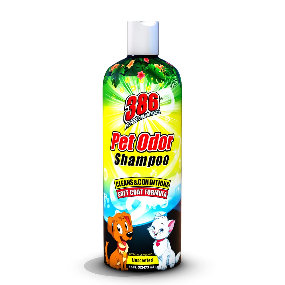 386 Professional Strength Dog Shampoo and Conditioner – 16 FL Oz Pet Odor Dog Shampoo for Smelly Dogs – Soft Coat Formula with Safe Ingredients – Unscented Hypoallergenic Dog Shampoo