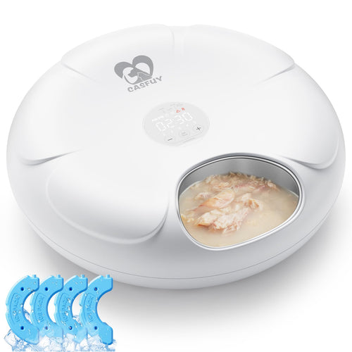 Casfuy Automatic Cat Feeder Cordless - Automatic Cat Food Dispenser with Stainless Steel Tray for Wet Food Rechargeable Auto Feeder for Cats Small Dogs with Programmable Timer Low Battery Indicator