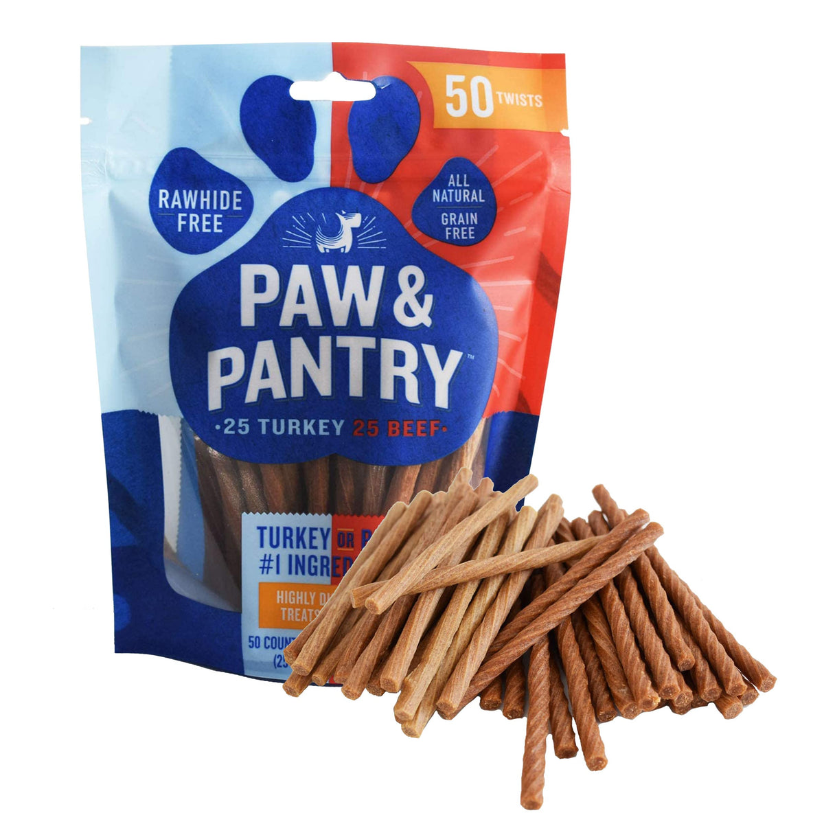 Paw & Pantry 5" Soft & Chewy Stick Twists Made with Real Beef & Turkey - Pack of 50 Rawhide Free Beef & Turkey Dog Treats - Grain-Free Dog Twist Sticks - Healthy Dog Training Treats for Any Size Pup