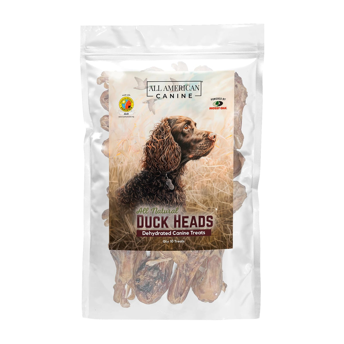 All American Canine Duck Heads Natural Single Ingredient Chewy Digestible Low-Fat Dehydrated Dog Treats for Training Rewarding Teeth Cleaning - 10 Treats
