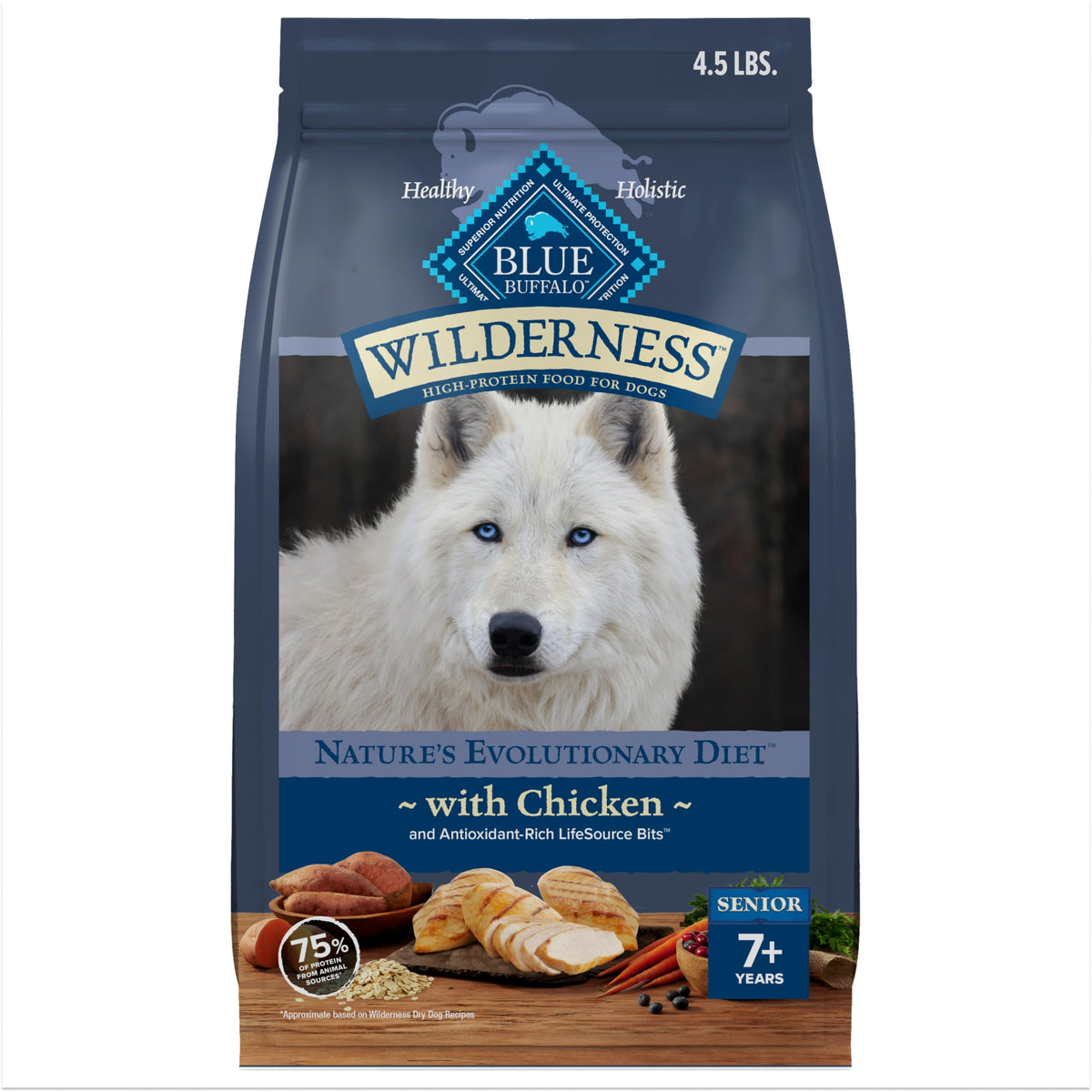 Blue Buffalo Wilderness High-Protein Senior Dry Dog Food Made in The USA with Natural Ingredients Plus Wholesome Grains Chicken 4.5-lb. Bag