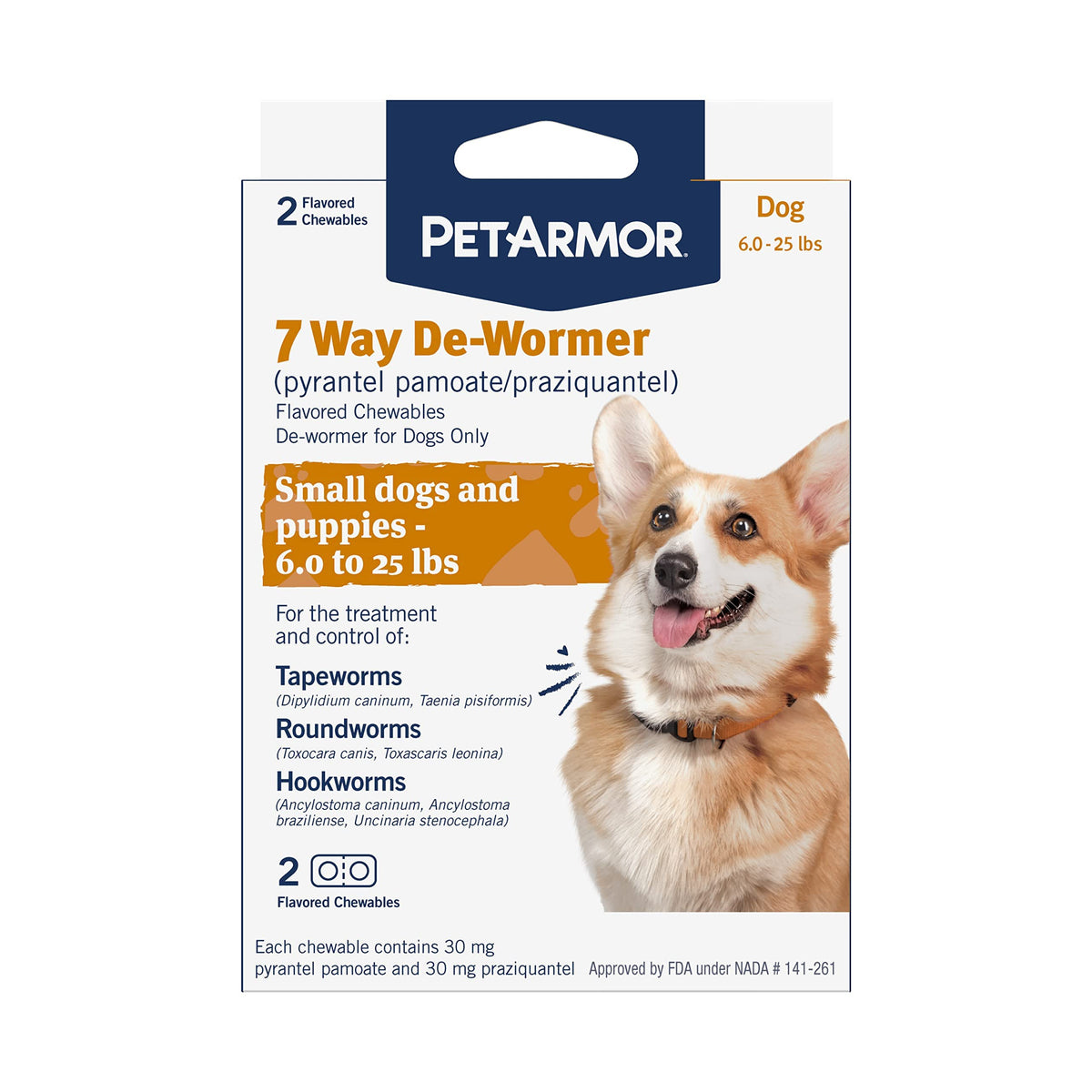PetArmor 7 Way De-Wormer for Dogs Oral Treatment for Tapeworm Roundworm & Hookworm in Small Dogs & Puppies (6-25 lbs) Worm Remover (Praziquantel & Pyrantel Pamoate) 2 Flavored Chewables