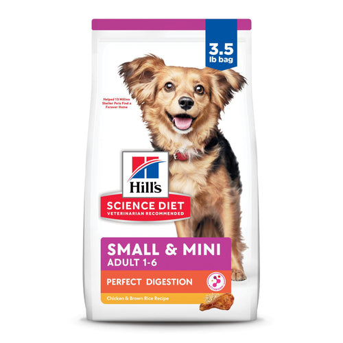 Hills Science Diet Perfect Digestion Adult 1-6 Small & Mini Breeds Digestive Support Dry Dog Food Chicken & Brown Rice 3.5 lb Bag