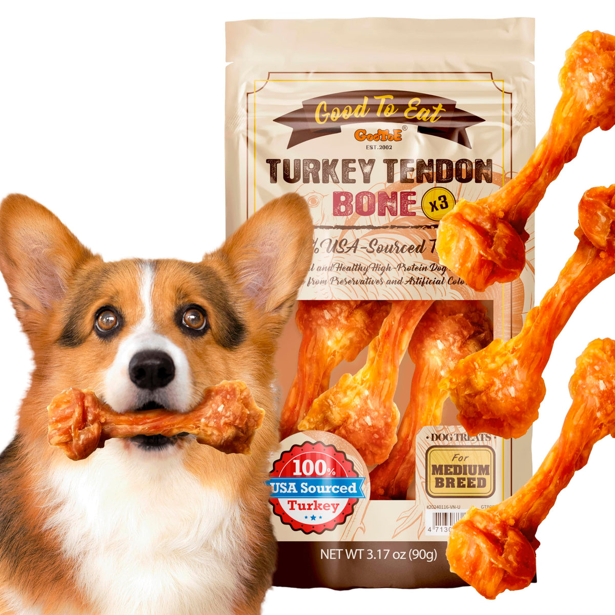Gootoe Turkey Tendon Dog Treats – 100% USA-Sourced Natural Snack Premium Training Chews Hypoallergenic Reseal Value Bags Size for Medium Dogs Bone (Medium) 3 Unit/Pack
