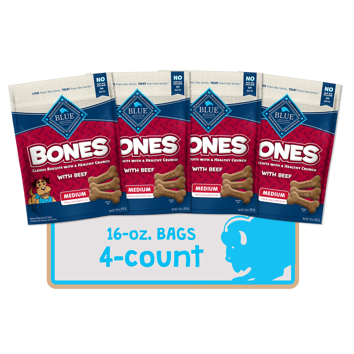 Blue Buffalo Bones Natural Crunchy Dog Treats Medium Dog Biscuits Beef 16oz. Bag 4 Count