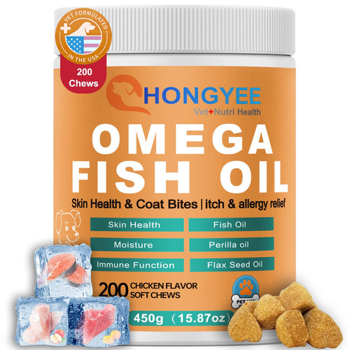 Pet Skin and Coat Care - Omega 3 Fish Oil 200 Chews for Dogs Healthy Skin | Shiny Fur | Against itching in a Treat Format All-in-1 Oil (Salmon Anchovy Sardine Perilla Oil Flaxseed Oil)