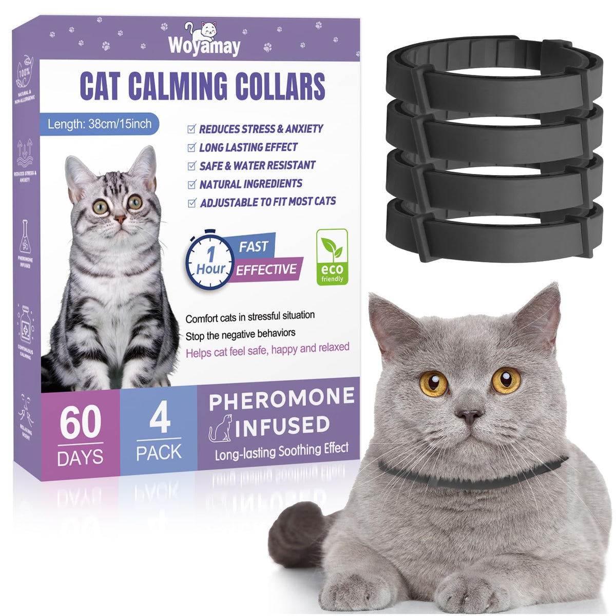 Woyamay 4 Pack Calming Collar for Cats Adjustable Cat Calming Collar for Cat Anxiety Relief Cat Pheromones Collar Water-Resistant & Breakaway Calming Cat Collars Long-Lasting 60 Days Black