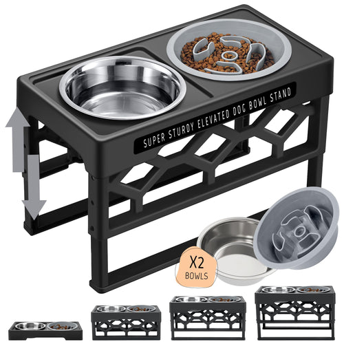 AVERYDAY Elevated Slow Feeder Dog Bowl with Stainless Steel Dog Bowl 4 Heights Adjustable Dog Food Bowls Stand for Small Breeds Raised Slow Feeder Dog Bowls with Anti-Slip Stand for Health Eating