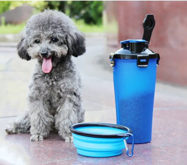 2-in-1 Portable Pet Water and Food Dispenser with Collapsible Silicone Bowl