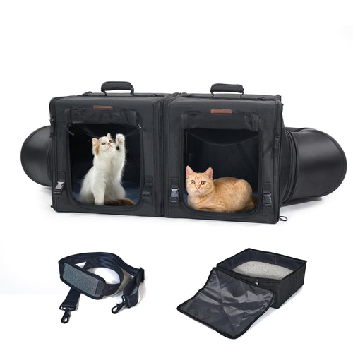 Cat Travel Carrier with Litter Box 2-in-1 Portable Double Cat Carriers for 2 Cats and Pet Shelter Ideal for Multiple Cats Soft Foldable Design with Shoulder Strap Large Size Double Black