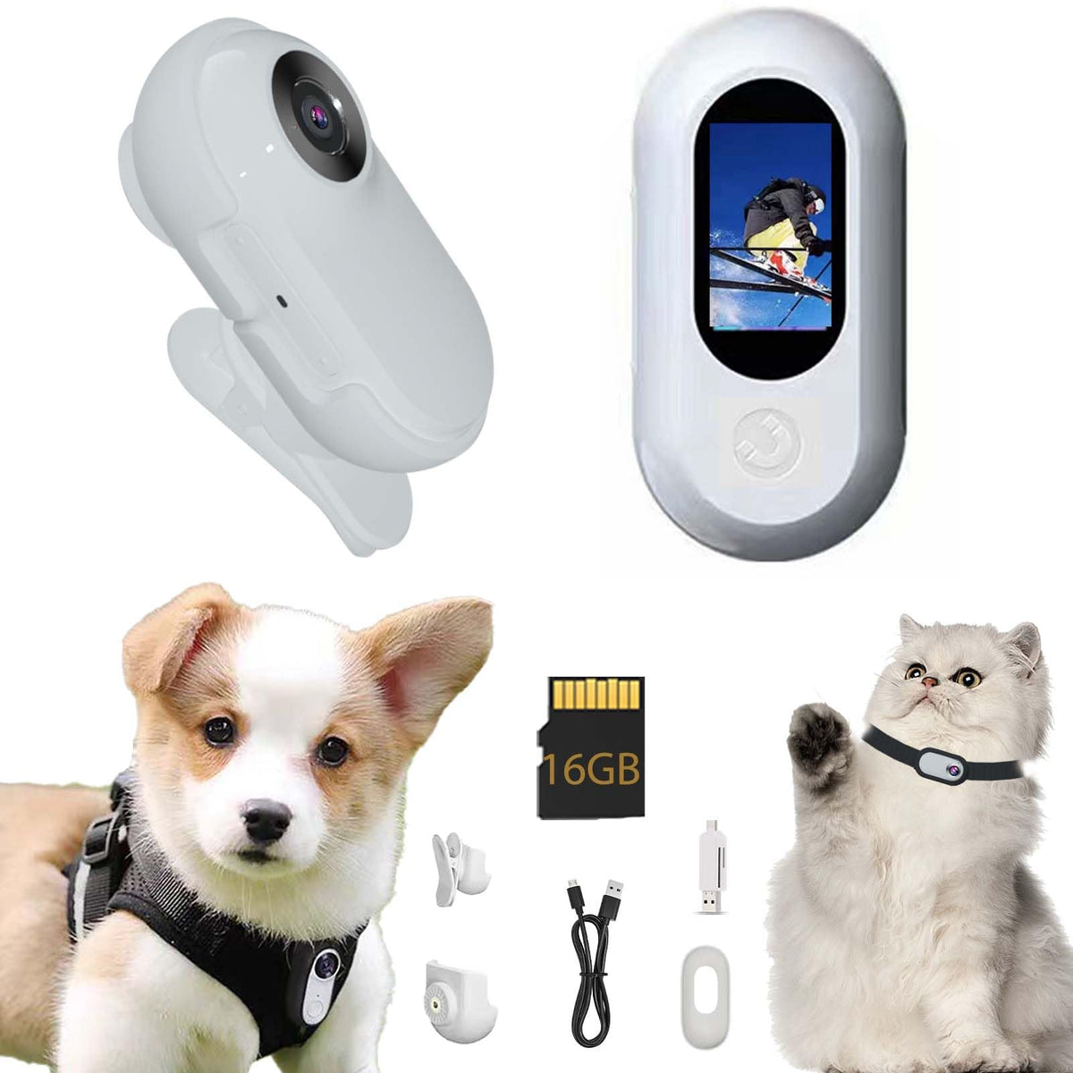Zmacook New Update Cat Camera Collar with 16GB SD CardHD 1080P Cat Collar Camera Wireless Dog Collar Camera Sport Action Camera for Pet Supplies Video Records Camera for Cats Dogs Gift White